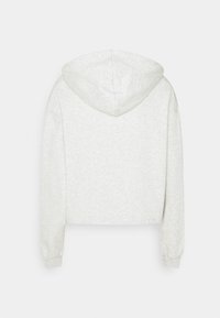 Felpa grigia chiara a maniche lunghe e con cappuccio, realizzata in un tessuto morbido. Presenta un design semplice e senza cuciture. Nessun motivo o accessorio visibile.