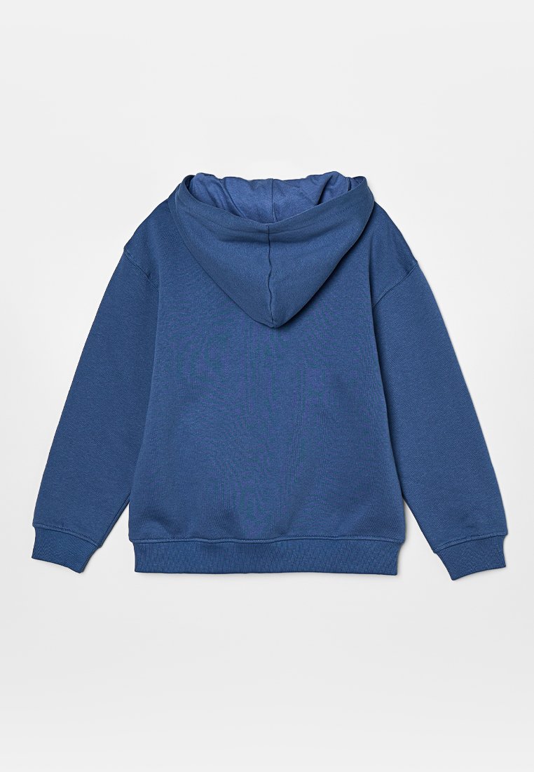 Blaues Kapuzensweatshirt mit einer weichen Textur, gerippten Bündchen und Taillenbund. Verfügt über eine doppellagige Kapuze und keine sichtbaren Logos oder Verzierungen.