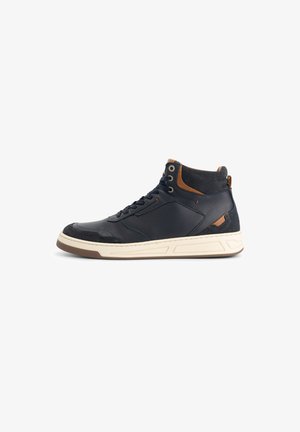 Dunkelblaue Leder-High-Top-Sneaker mit Akzenten aus tanfarbigem Wildleder, cremefarbener Sohle, runder Zehenpartie, Schnürung an der Vorderseite und Steppnähten entlang der Kanten.