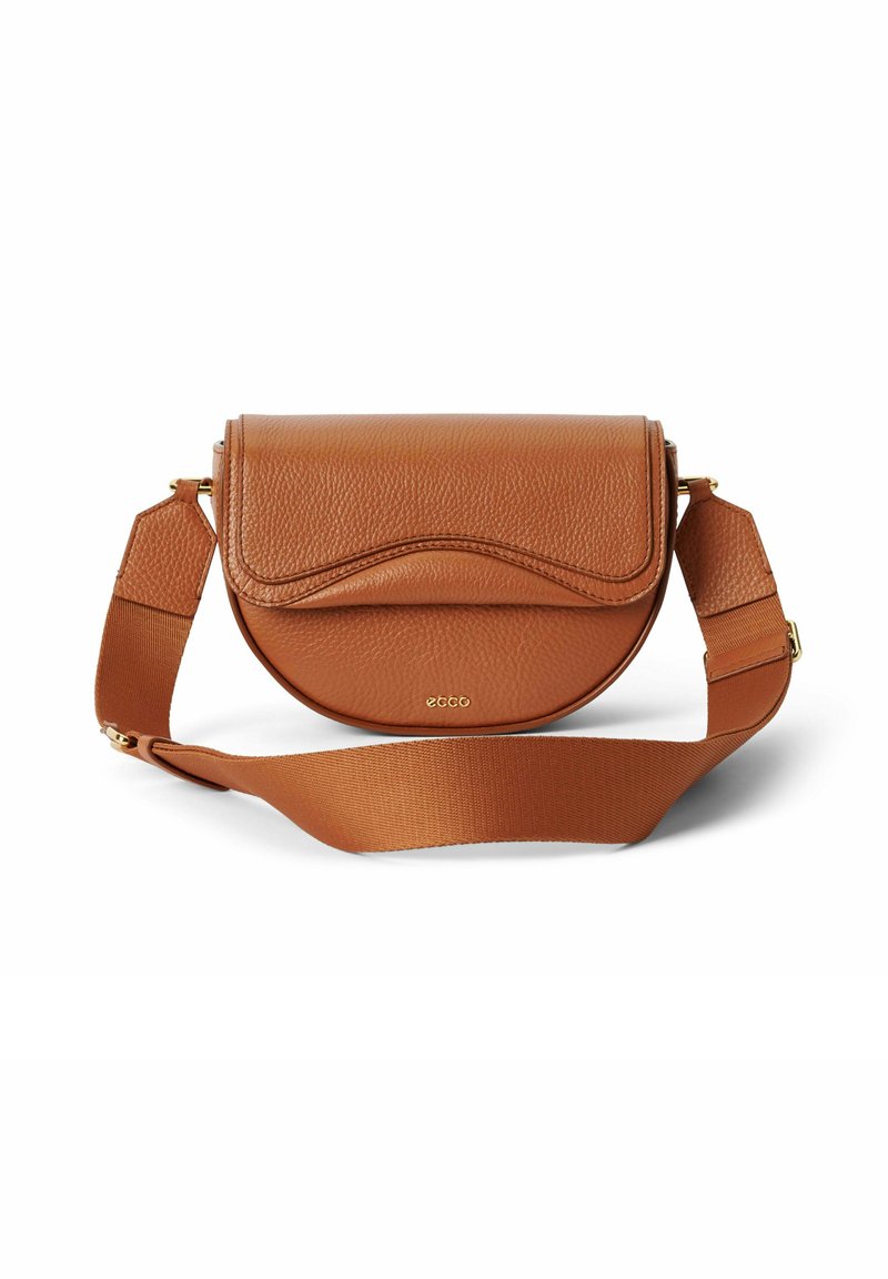 Brun struktureret læder crossbody taske med en rund form, der har et bølgende mønster på klappen og en matchende justerbar rem.