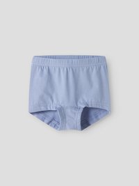 Lichtblauwe katoenen peuteronderbroek met elastische tailleband en gestikte naden op een effen grijze achtergrond.