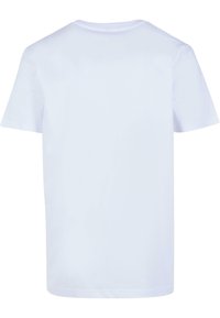 Hvit bomulls t-skjorte, korte ermer, rund hals, glatt tekstur, uten mønstre eller detaljer, enkel bakvisning uten branding eller logoer.