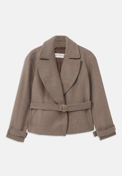 Brown, cropped jacket with a large collar, double-breasted design, and belted waist featuring a gold ring. Soft, textured fabric with rolled cuffs.