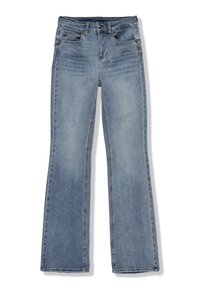 Jeans in denim azzurro chiaro a gamba svasata con una texture liscia, design a cinque tasche e cuciture a contrasto. Presentano una chiusura con bottone e zip.