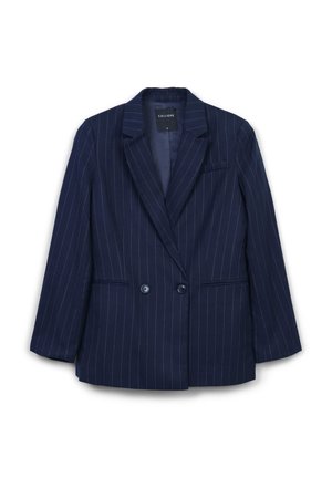 Blazer bleu marine à rayures, avec fermeture à double bouton, revers crantés et poches avant, taille petite, étiqueté par Calliope.