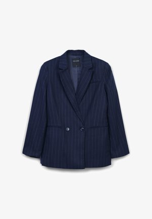 Blazer a righe blu navy con chiusura a doppio pulsante, revers a punta e tasche frontali, etichettato come taglia S da Calliope.