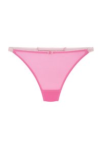 Roze mesh-string met een effen roze tailleband, delicate kantafwerking en een kleine rozenaccent aan de achterkant. Lichtgewicht en doorschijnend ontwerp.