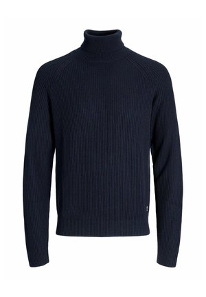 Mörk marinblå ribbad polotröja med långa ärmar och en figursydd design, med en texturerad tyg och utan synlig hårdvara eller dekorationer.