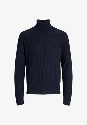 Tumši jūras zils ribiņu augstais apkakles džemperis ar garām piedurknēm un pieguļošu dizainu, ar teksturētu audumu un bez redzamiem piederumiem vai akcentiem.