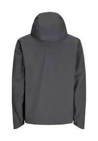 Veste imperméable à capuche à manches longues gris foncé avec poignets élastiques vue de dos sur fond blanc.