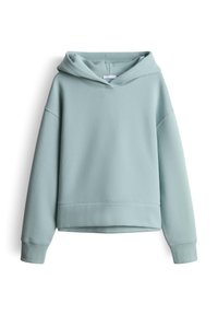 Felpa oversize azzurro chiaro con maniche lunghe, polsini a coste e orlo leggermente accorciato, esposta su uno sfondo bianco.