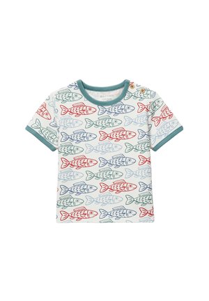 Chemise blanche à manches courtes pour enfants avec des motifs de poissons rouges, bleus et verts et une bordure verte col et manches.