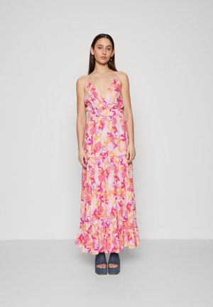Maxi dress with a deep V-neck, floral pattern in pink and orange hues, fitted waist, and tiered skirt. Adjustable spaghetti straps, flowy texture.