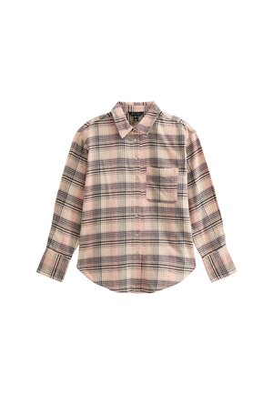 Button-up plaid shirt in soft fabric, featuring pink, black, and cream checks, a chest pocket, and long sleeves with buttoned cuffs.