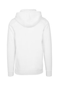 White hooded sweatshirt shown from the back with long sleeves, ribbed cuffs, and a plain design against a white background.