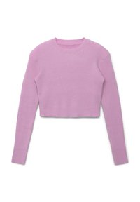 Różowy krótki sweter z długimi rękawami, o prążkowanej strukturze i okrągłym dekolcie. Wykonany z miękkiego materiału, o dopasowanym fasonie.