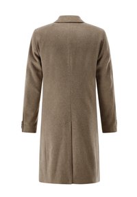 Brauner Wollmantel mit geradem Schnitt, langen Ärmeln und einem Reverskragen. Mit geknöpften Manschetten und einer mittigen Rückennaht.