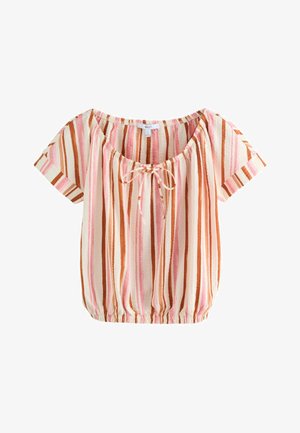 Kortærmet bluse med lodrette striber i pink, hvid og brun, elastisk kant og bindedetalje ved den runde halsudskæring.