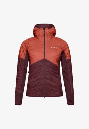 Rote und kastanienbraune Kapuzenjacke mit gestepptem oberen Teil, glattem Stoff und strukturierten Ärmeln. Verfügt über einen frontalen Reißverschluss und ein Logo auf der Brust.