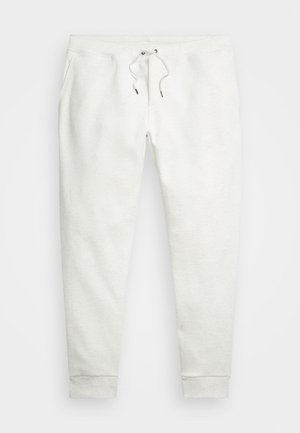 Light gray sweatpants with a drawstring waistband, side pockets, and ribbed cuffs. Soft texture and subtly heathered pattern throughout.