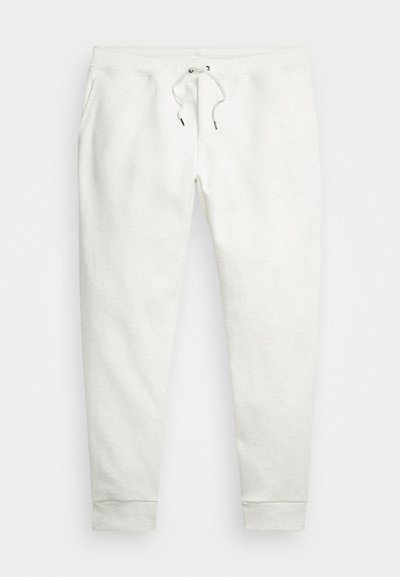 Gaiši pelēkas sporta bikses ar aukliņu jostu, sānu kabatām un ribotiem piedurkņu galiem. Mīksta tekstūra un viegli heathered raksts visā virsmā.