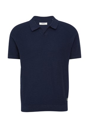 Dark blue short-sleeve polo shirt with a V-neck and ribbed collar. Smooth texture with minimal branding detail on the bottom.