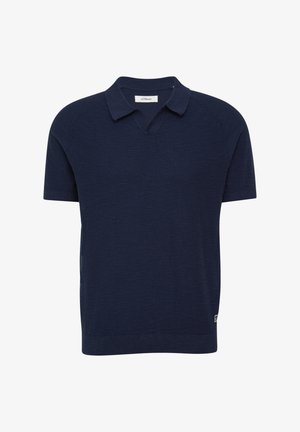Dark blue short-sleeve polo shirt with a V-neck and ribbed collar. Smooth texture with minimal branding detail on the bottom.