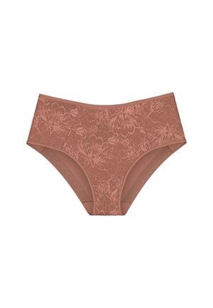 Kanten hipster slips in een zachte rozenkleur met bloemmotieven, naadloze randen en een comfortabele elastische tailleband.
