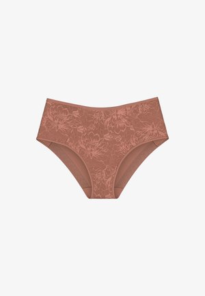 Braguitas hipster de encaje en un suave color rosa, con patrones florales, bordes sin costuras y una cómoda cinturilla elástica.