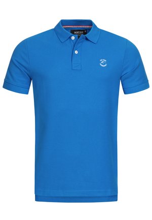 Niebieska koszulka polo wykonana z bawełny, z klasycznym kołnierzykiem, zapięciem na dwa guziki i małym logo na klatce piersiowej. Krótkie rękawy kończą się na górnej części ramienia.