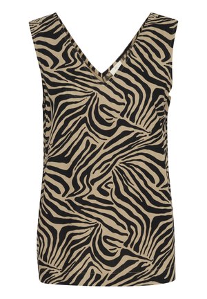 Top in beige con scollo a V profondo e design senza maniche, con un audace motivo a strisce zebrate nere. Realizzato in tessuto leggero.