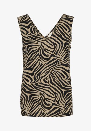 Beige tank top with a deep V-neck and sleeveless design, featuring a bold black zebra stripe pattern. Made from lightweight fabric.