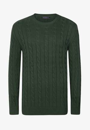 Grüner Strickpullover mit einem strukturierten Kabelmuster, Rundhalsausschnitt und gerippten Bündchen sowie Saum. Hergestellt aus einem weichen, warmen Material.