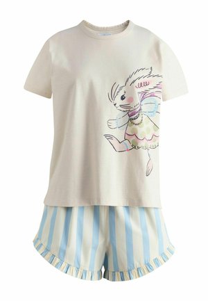 Beiges Kurzarmoberteil mit einem tanzenden Hasen in einem Kleid, kombiniert mit blau-weiß gestreiften Shorts mit Rüschen.