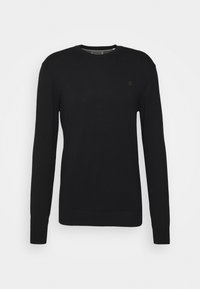 Suéter negro de punto con mangas largas y cuello redondo. Presenta un logo sutil bordado en el pecho. Textura suave.