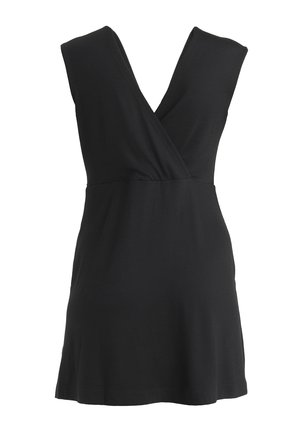 Abito nera senza maniche con scollatura a V profonda, realizzato in tessuto morbido, con corpetto aderente e gonna svasata. Design semplice senza fantasie.