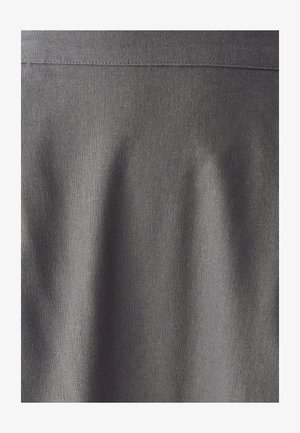 Gray fabric with a smooth, uniform texture. Subtle sheen highlights clean lines and folds, indicating a structured design. No visible patterns or prints.