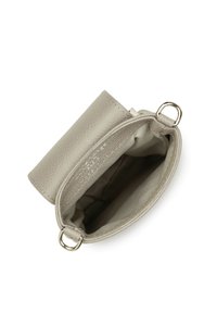Gray leather bag with a textured exterior, silver hardware, and a spacious interior lined with a smooth fabric. Open-top design.