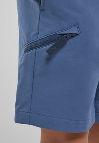 Pantalones cortos de tela azul con un bolsillo lateral con cremallera, costuras planas y dobladillo recto. Textura suave con un diseño limpio y sencillo.