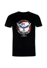 Czarny bawełniany T-shirt z grafiką Kapitana Ameryki z skrzydłami, tarczą i okrągłym czerwono-białym emblematem. Napis brzmi "Odważny Nowy Świat".