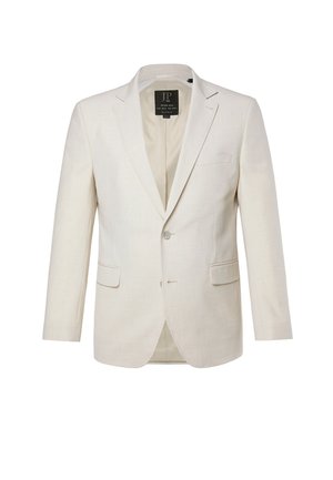 Blazer pour homme couleur crème avec fermeture à un bouton, col cranté, poches à rabat à l'avant et poche poitrine passepoilée, présenté sur fond blanc.