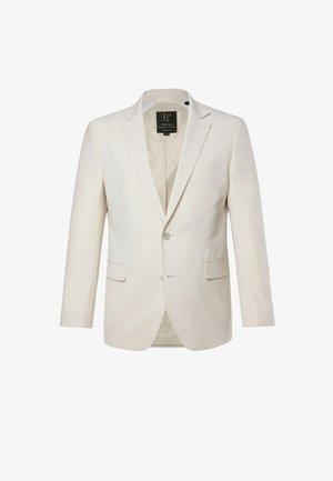 Blazer pour homme couleur crème avec fermeture à un bouton, col cranté, poches à rabat à l'avant et poche poitrine passepoilée, présenté sur fond blanc.