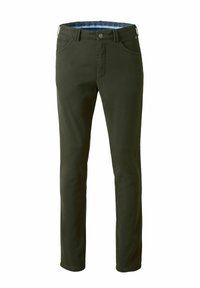 Pantalon vert olive en tissu durable, avec une coupe droite, des passants de ceinture et deux poches avant avec des détails de texture subtils.