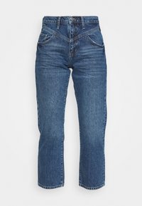 Jeans i medelblå färg med rak benstil, fem fickor och subtila urtvättningseffekter, med metallknappstängning.