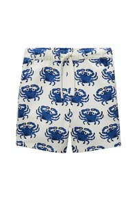Shorts à motif de crabes bleus en tissu doux, dotés d'une taille élastique avec cordon de serrage et de poches, sur fond blanc.