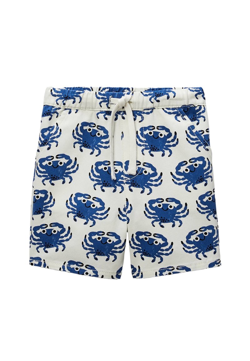 Shorts à motif de crabes bleus en tissu doux, dotés d'une taille élastique avec cordon de serrage et de poches, sur fond blanc.