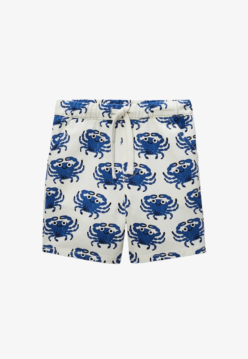 Shorts à motif de crabes bleus en tissu doux, dotés d'une taille élastique avec cordon de serrage et de poches, sur fond blanc.