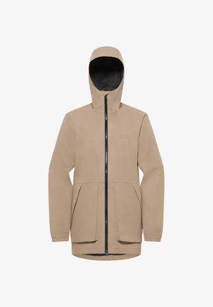 Veste de pluie à capuche beige avec fermeture éclair frontale et deux poches à rabat, conçue pour une utilisation en extérieur.