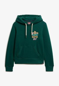 Groene hoodie met een trekkoordcapuchon, een voorkraag en bloemige borduursels met "SUPER DRY." Zachte textuur en verstelbare pasvorm.