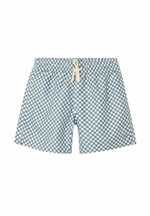 Bañador corto a cuadros verdes y blancos con cintura elástica y cordón blanco atado en la parte delantera.